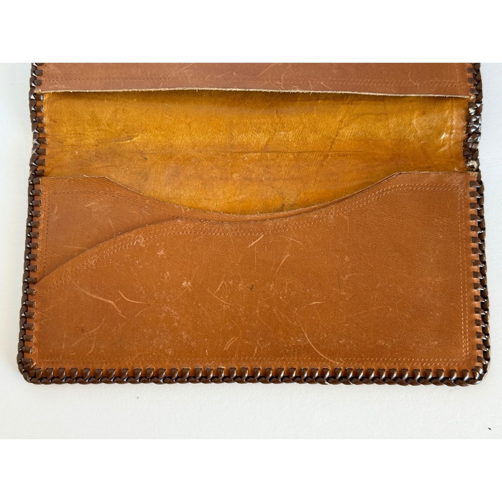 Vintage Tooled Leather Checkbook Wallet Brown Floral Design Hand Stitched - Picture 10 of 12